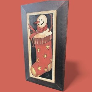 P J Rankin House, wooden, primitive art, snowman in a stocking, Lancaster Pa